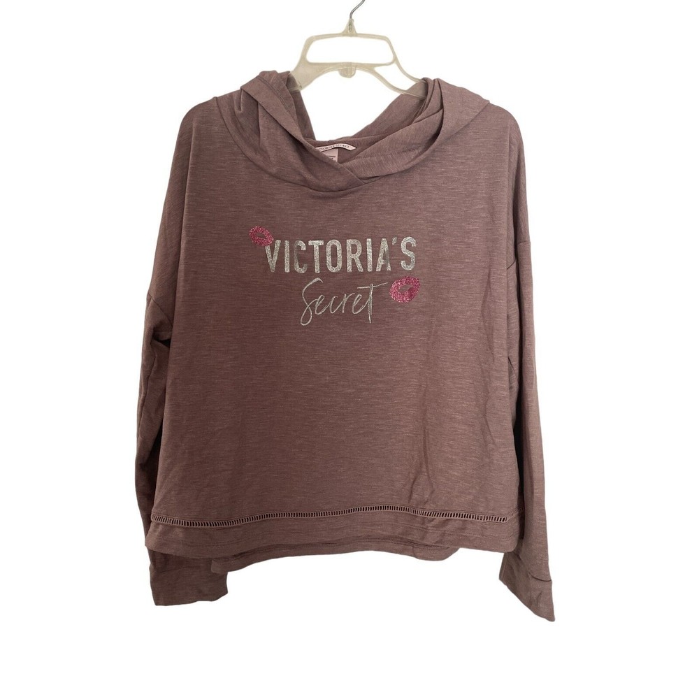 Victorias Secret Mauve Purple Sparkle Logo Pullover Hooded Jersey Large